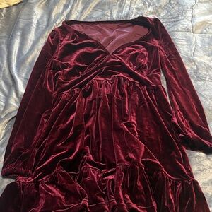 HALARA Long Sleeve Velvet Dress - Deep Burgundy